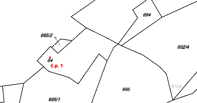 Oukřtalov 1, Počepice na parcele st. 64 v KÚ Počepice, Katastrální mapa