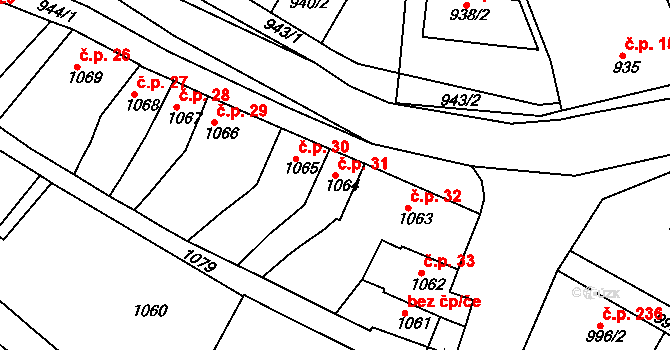 Ořechov 31 na parcele st. 1064 v KÚ Ořechov, Katastrální mapa