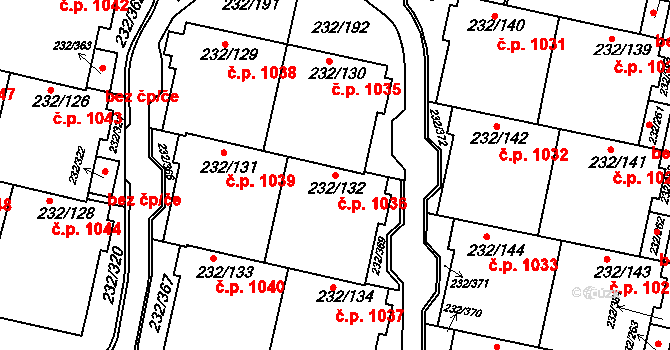 Lobzy 1036, Plzeň na parcele st. 232/132 v KÚ Lobzy, Katastrální mapa