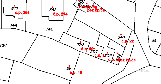 Krasice 59, Prostějov na parcele st. 27/2 v KÚ Krasice, Katastrální mapa