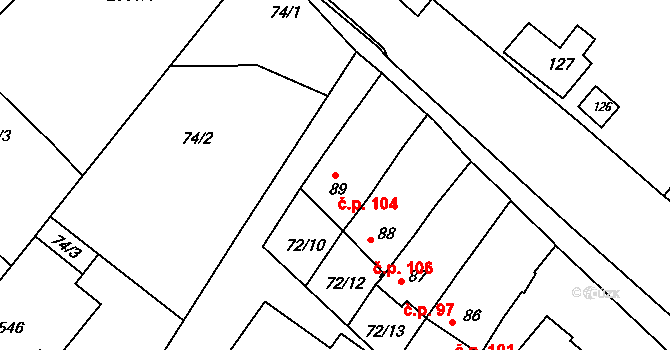 Čebín 104 na parcele st. 89 v KÚ Čebín, Katastrální mapa