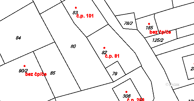 Předín 81 na parcele st. 82 v KÚ Předín, Katastrální mapa