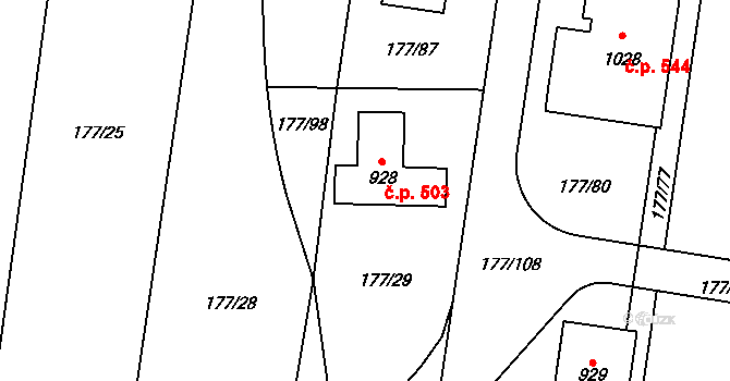 Černý Vůl 503, Statenice na parcele st. 928 v KÚ Statenice, Katastrální mapa