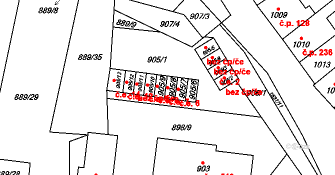 Drnovice 7 na parcele st. 905/8 v KÚ Drnovice u Vyškova, Katastrální mapa