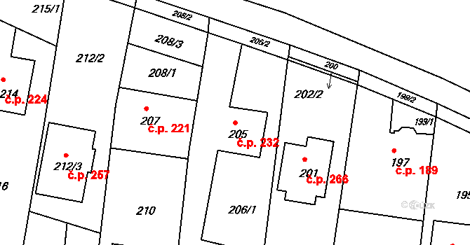 Lípa 232 na parcele st. 205 v KÚ Lípa nad Dřevnicí, Katastrální mapa