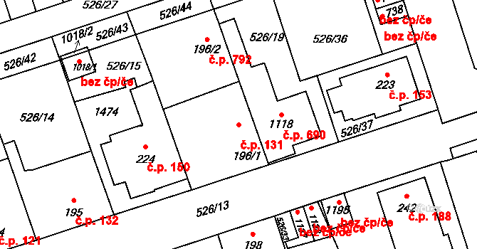Prštné 131, Zlín na parcele st. 196/1 v KÚ Prštné, Katastrální mapa