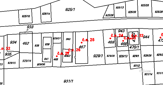 Chvalovice 25 na parcele st. 467 v KÚ Chvalovice, Katastrální mapa