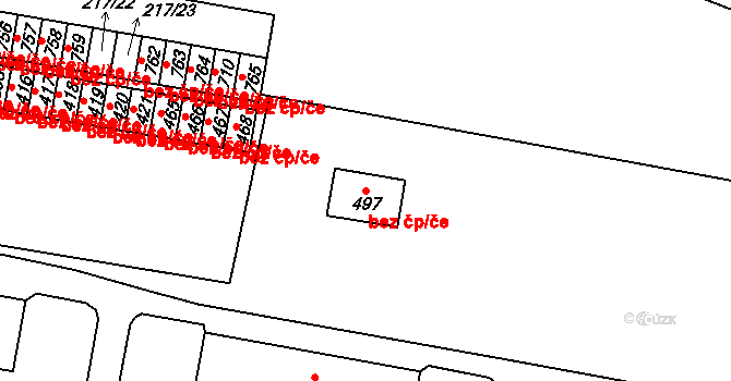 Hrádek 49843117 na parcele st. 497 v KÚ Nová Huť, Katastrální mapa