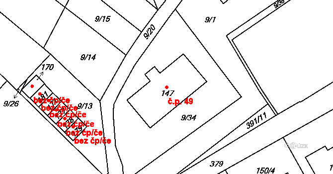 Třibřichy 49 na parcele st. 147 v KÚ Třibřichy, Katastrální mapa