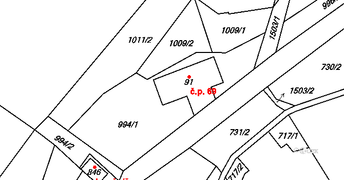 Hanušovice 69 na parcele st. 91 v KÚ Hanušovice, Katastrální mapa