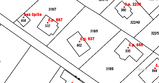 Struhařov 637, Kamenice na parcele st. 802 v KÚ Štiřín, Katastrální mapa