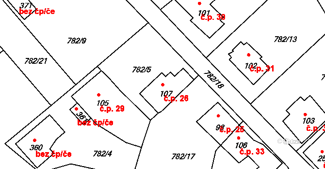 Hrudkov 26, Vyšší Brod na parcele st. 107 v KÚ Hrudkov, Katastrální mapa