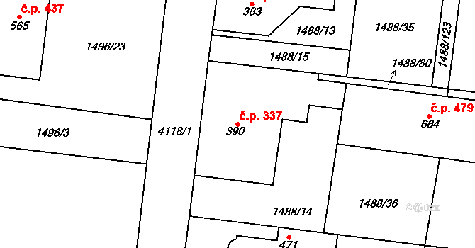 Libouchec 337 na parcele st. 390 v KÚ Libouchec, Katastrální mapa