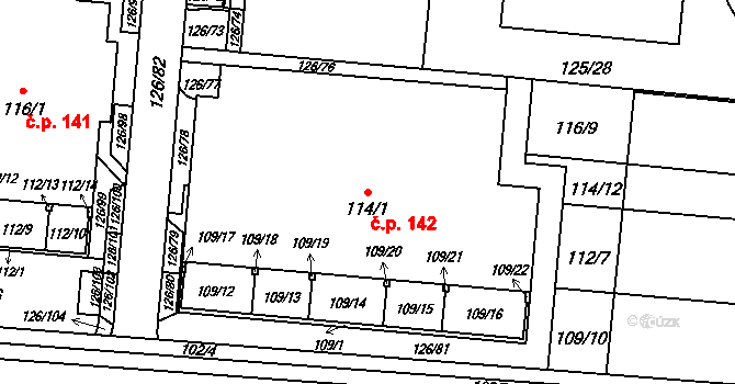 Sadová 142, Brno na parcele st. 114/1 v KÚ Sadová, Katastrální mapa