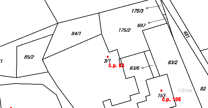 Střížov 83, Chotěboř na parcele st. 3/1 v KÚ Střížov u Chotěboře, Katastrální mapa