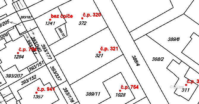 Horoměřice 321 na parcele st. 321 v KÚ Horoměřice, Katastrální mapa
