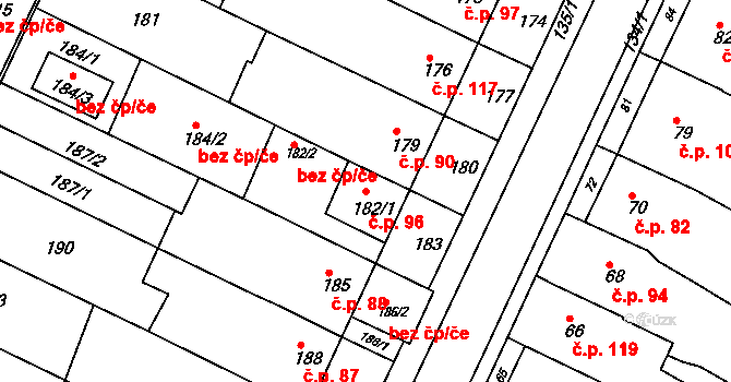 Popůvky 96 na parcele st. 182/1 v KÚ Popůvky u Brna, Katastrální mapa