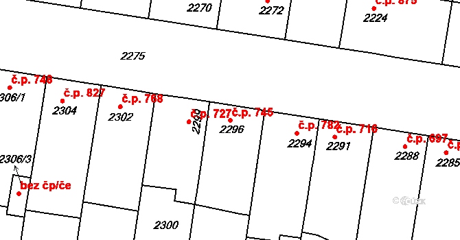 Rohatec 745 na parcele st. 2296 v KÚ Rohatec, Katastrální mapa