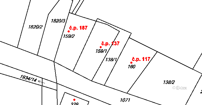 Prasek 137 na parcele st. 159/1 v KÚ Prasek, Katastrální mapa