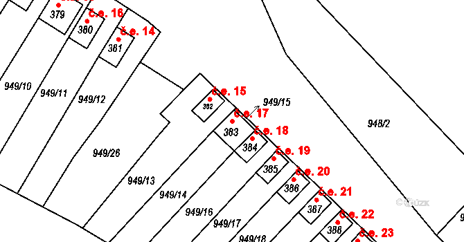 Brozany nad Ohří 17 na parcele st. 383 v KÚ Brozany nad Ohří, Katastrální mapa