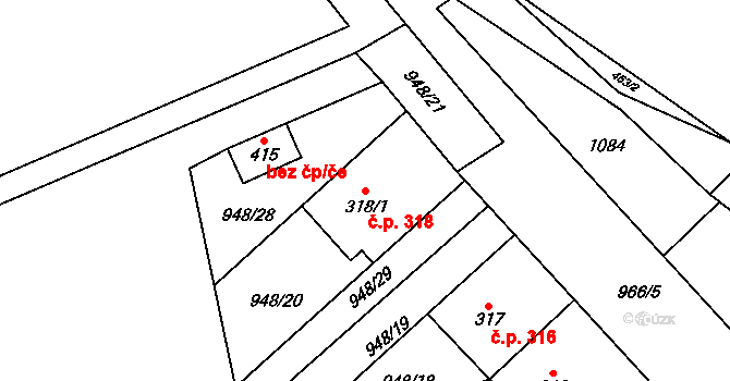 Smidary 318 na parcele st. 318/1 v KÚ Smidary, Katastrální mapa
