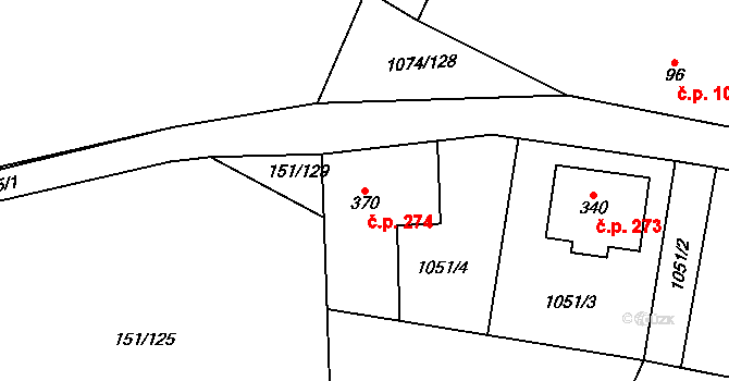 Krchleby 274 na parcele st. 370 v KÚ Krchleby u Nymburka, Katastrální mapa