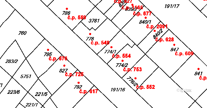 Břeclav 554 na parcele st. 774/1 v KÚ Břeclav, Katastrální mapa