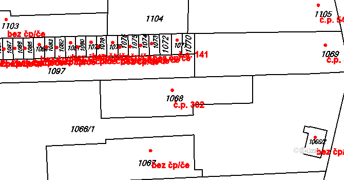 Komárov 302, Brno na parcele st. 1068 v KÚ Komárov, Katastrální mapa