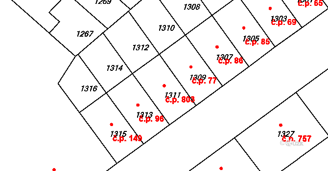 Zábrdovice 803, Brno na parcele st. 1311 v KÚ Zábrdovice, Katastrální mapa