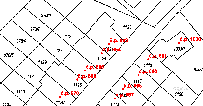 Pelhřimov 664 na parcele st. 1124 v KÚ Pelhřimov, Katastrální mapa