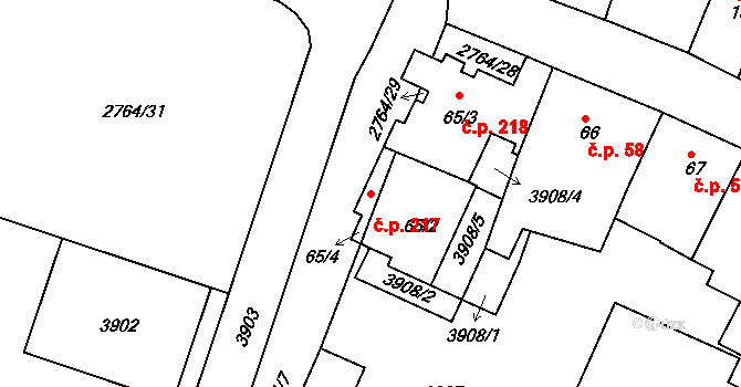 Střed 217, Rokycany na parcele st. 65/2 v KÚ Rokycany, Katastrální mapa