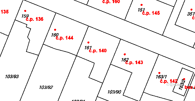 Břežany II 140 na parcele st. 161 v KÚ Břežany II, Katastrální mapa
