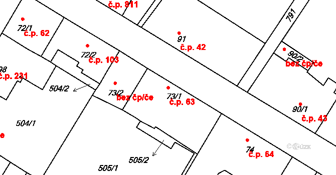 Sezimovo Ústí 63 na parcele st. 73/1 v KÚ Sezimovo Ústí, Katastrální mapa