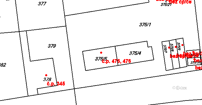 Liberec VII-Horní Růžodol 475,476, Liberec na parcele st. 375/4 v KÚ Horní Růžodol, Katastrální mapa