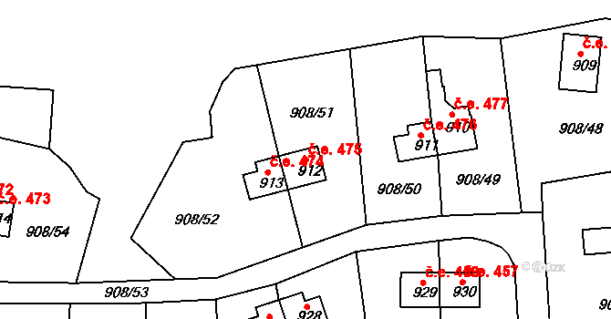 Skvrňany 475, Plzeň na parcele st. 912 v KÚ Skvrňany, Katastrální mapa