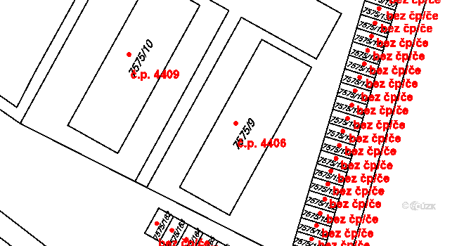 Prostějov 4406 na parcele st. 7575/9 v KÚ Prostějov, Katastrální mapa