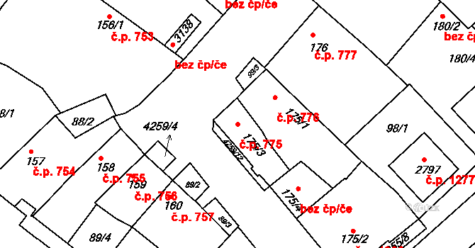 Moravské Budějovice 775 na parcele st. 175/3 v KÚ Moravské Budějovice, Katastrální mapa