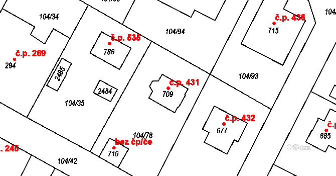Předměřice nad Labem 431 na parcele st. 709 v KÚ Předměřice nad Labem, Katastrální mapa
