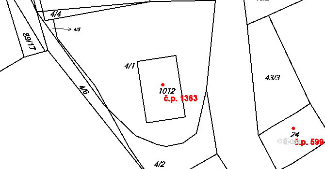 Rudná 1363 na parcele st. 1012 v KÚ Hořelice, Katastrální mapa