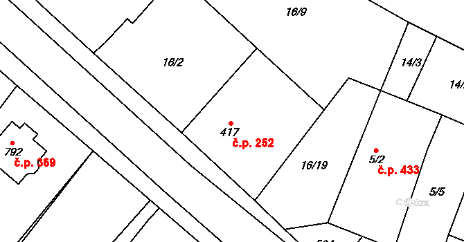 Velká Hleďsebe 252 na parcele st. 417 v KÚ Velká Hleďsebe, Katastrální mapa