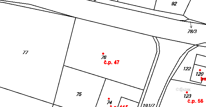 Velíková 47, Zlín na parcele st. 76 v KÚ Velíková, Katastrální mapa
