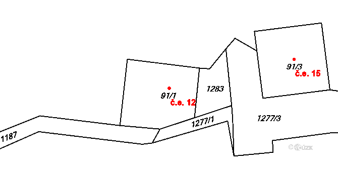 Kunratice 12 na parcele st. 91/1 v KÚ Kunratice u České Kamenice, Katastrální mapa