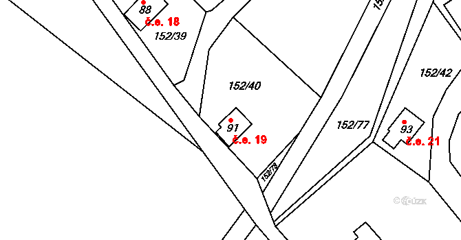 Klenovka 19, Přelouč na parcele st. 91 v KÚ Klenovka, Katastrální mapa