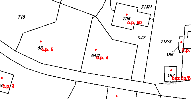 Dlouhá Louka 4, Lužany na parcele st. 64/1 v KÚ Dlouhá Louka u Lužan, Katastrální mapa
