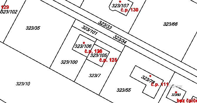 Hvozdec 125 na parcele st. 323/105 v KÚ Hvozdec u Veverské Bítýšky, Katastrální mapa