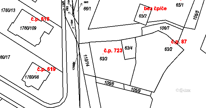 Drnholec 723 na parcele st. 63/3 v KÚ Drnholec, Katastrální mapa