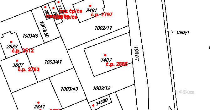 Kroměříž 2885 na parcele st. 3407 v KÚ Kroměříž, Katastrální mapa