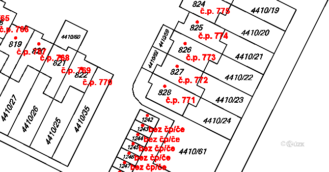 Hrušovany nad Jevišovkou 771 na parcele st. 828 v KÚ Hrušovany nad Jevišovkou, Katastrální mapa