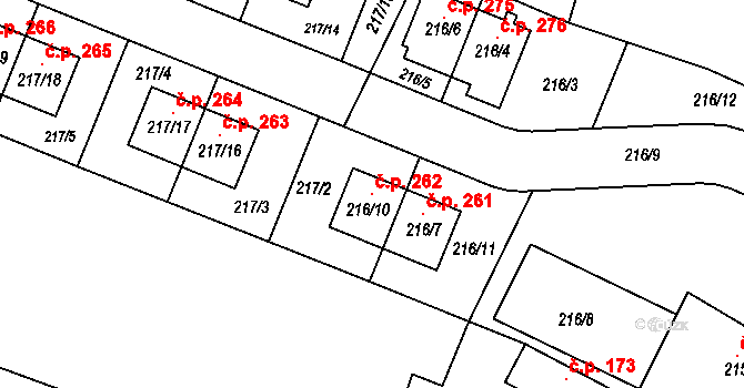 Hlízov 262 na parcele st. 216/10 v KÚ Hlízov, Katastrální mapa