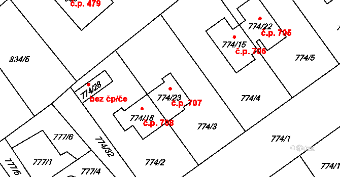 Arnultovice 707, Nový Bor na parcele st. 774/23 v KÚ Arnultovice u Nového Boru, Katastrální mapa